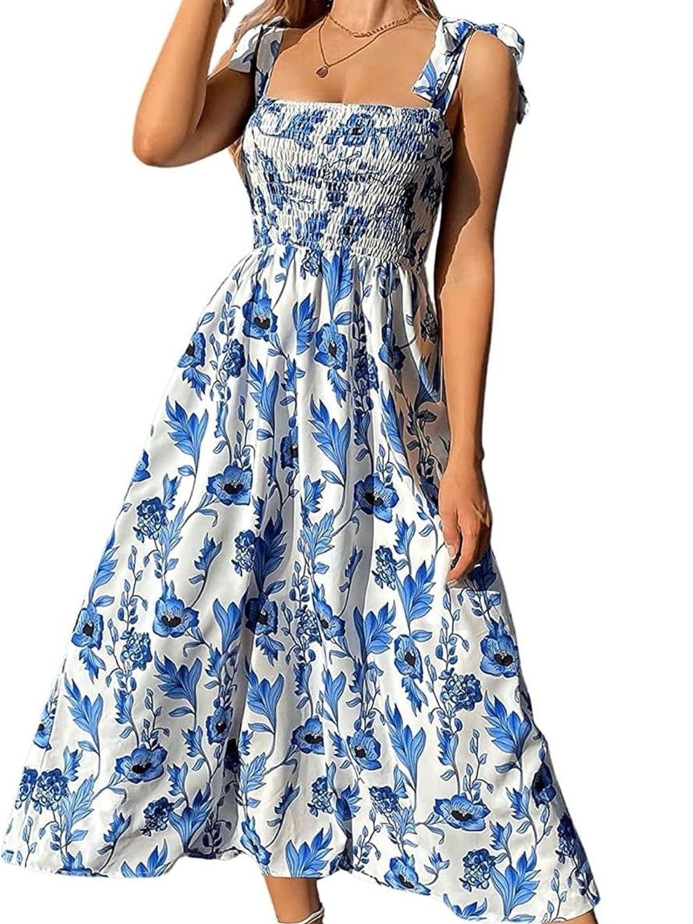 Smocked Bodice Blue Floral Maxi Dress with Tie Straps